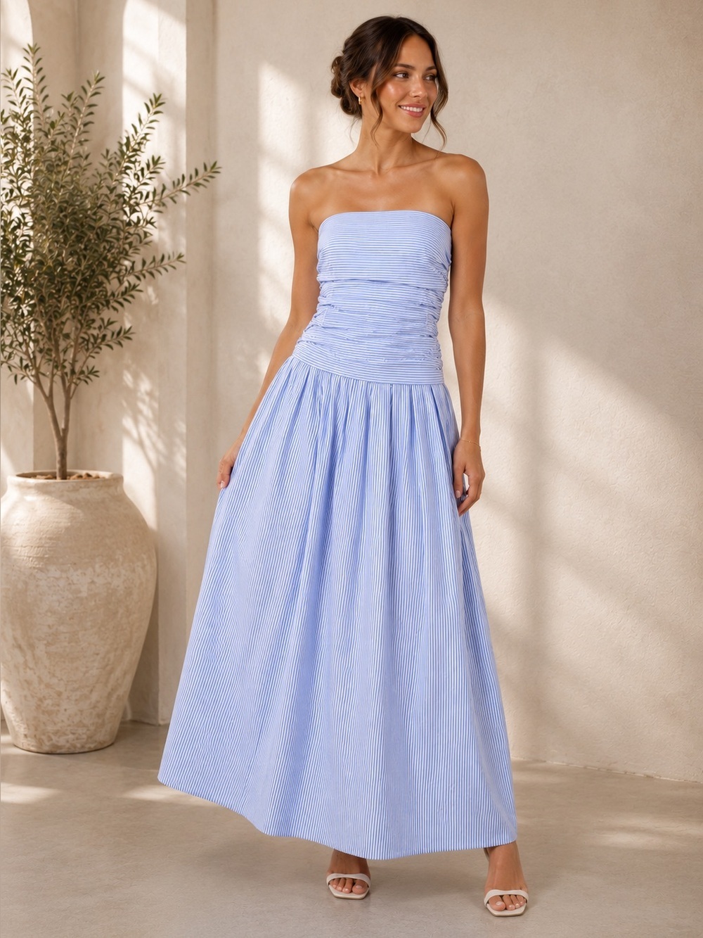 PETAL & PUP AVALEE STRAPLESS MAXI DRESS - BLUE STRIPE XS B371